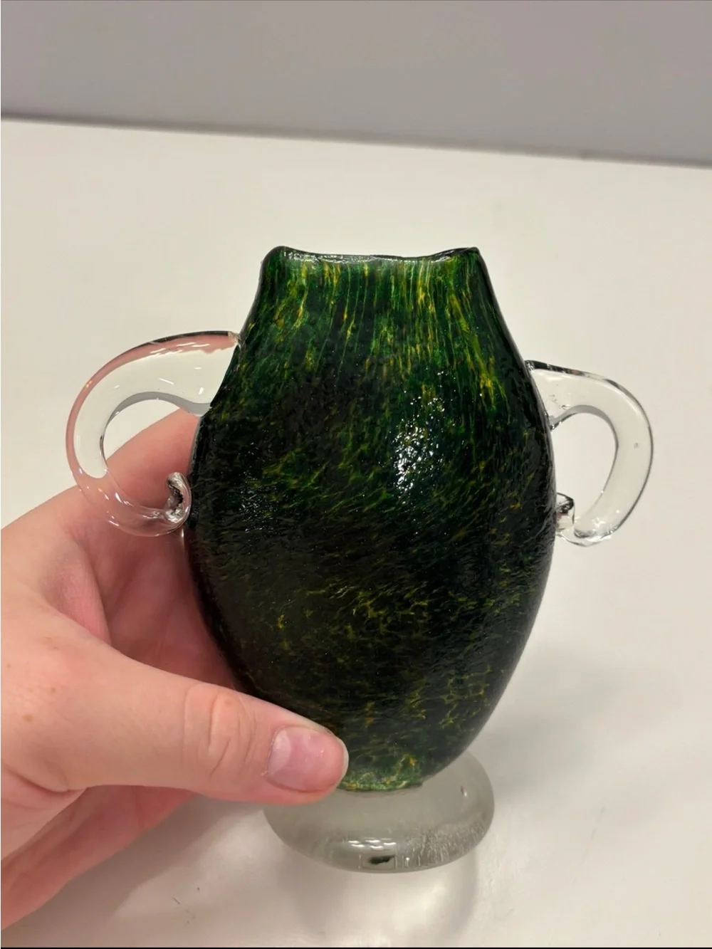 vintage glass vase from Osaka features a dark green, speckled design